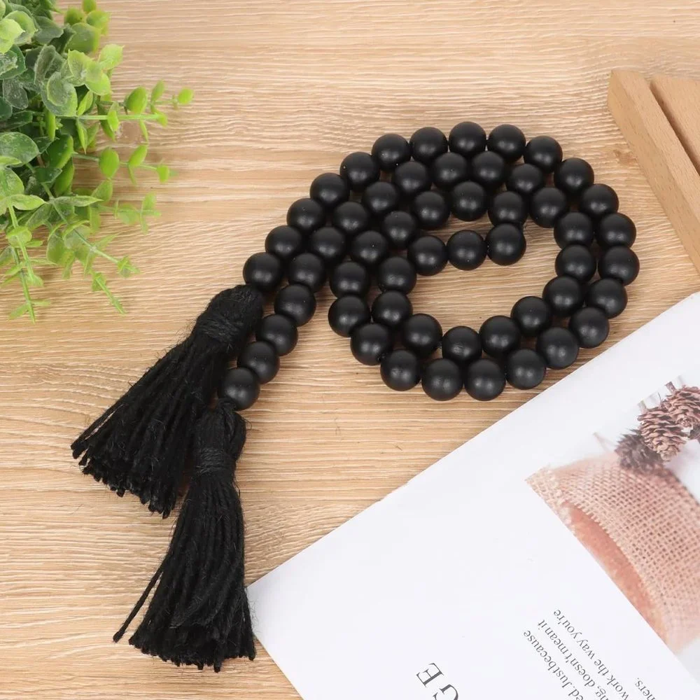 Black Wood Tassels Rustic Prayer Beads Boho Beads for Home Wall Hanging Decor